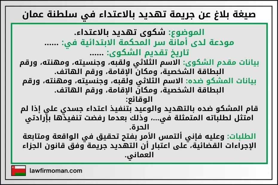 صيغة بلاغ عن جريمة تهديد بالاعتداء في سلطنة عمان