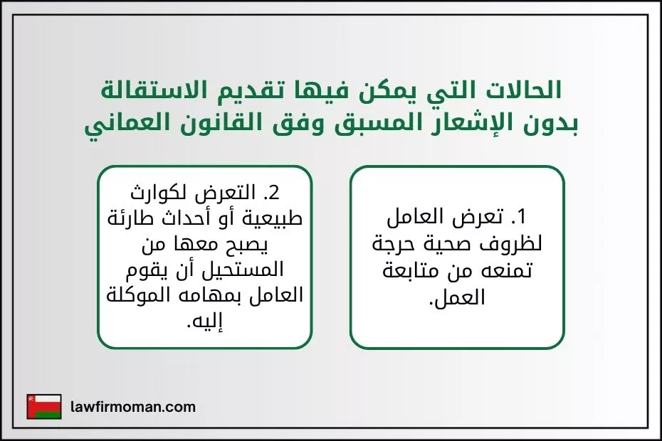 الحالات التي يمكن فيها تقديم الاستقالة بدون الإشعار المسبق وفق القانون العماني