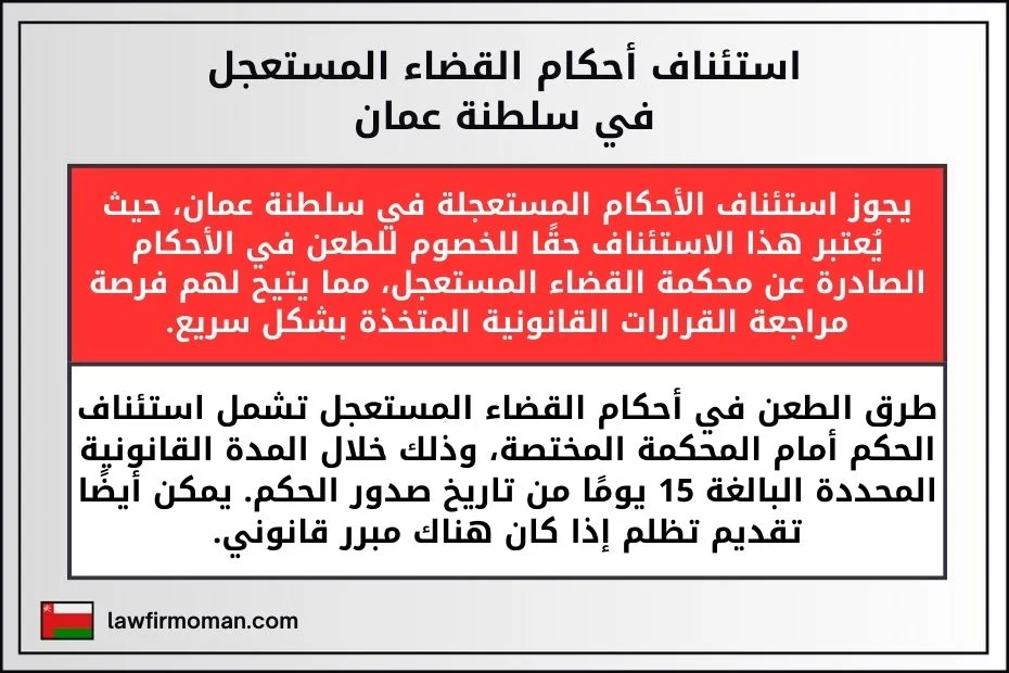 استئناف أحكام القضاء المستعجل في سلطنة عمان
يجوز استئناف الأحكام المستعجلة في سلطنة عمان، حيث يُعتبر هذا الاستئناف حقًا للخصوم للطعن في الأحكام الصادرة عن محكمة القضاء المستعجل، مما يتيح لهم فرصة مراجعة القرارات القانونية المتخذة بشكل سريع.
طرق الطعن في أحكام القضاء المستعجل تشمل استئناف الحكم أمام المحكمة المختصة، وذلك خلال المدة القانونية المحددة البالغة 15 يومًا من تاريخ صدور الحكم. يمكن أيضًا تقديم تظلم إذا كان هناك مبرر قانوني.