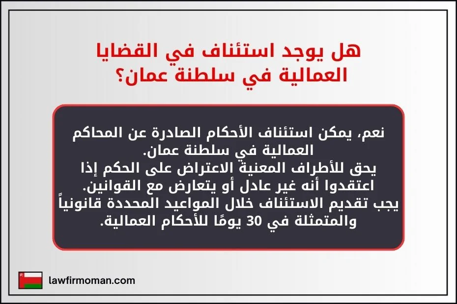 هل يوجد استئناف في القضايا العمالية في سلطنة عمان؟
نعم، يمكن استئناف الأحكام الصادرة عن المحاكم العمالية في سلطنة عمان.
يحق للأطراف المعنية الاعتراض على الحكم إذا اعتقدوا أنه غير عادل أو يتعارض مع القوانين.
يجب تقديم الاستئناف خلال المواعيد المحددة قانونياً والمتمثلة في 30 يومًا للأحكام العمالية.