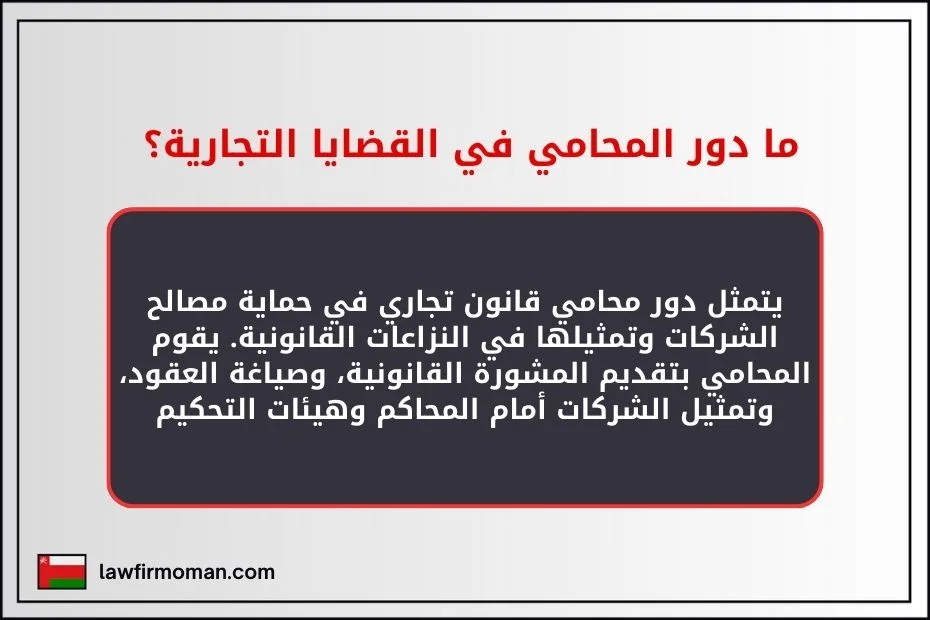 ما دور المحامي في القضايا التجارية؟ يتمثل دور محامي قانون تجاري في حماية مصالح الشركات وتمثيلها في النزاعات القانونية. يقوم المحامي بتقديم المشورة القانونية، وصياغة العقود، وتمثيل الشركات أمام المحاكم وهيئات التحكيم